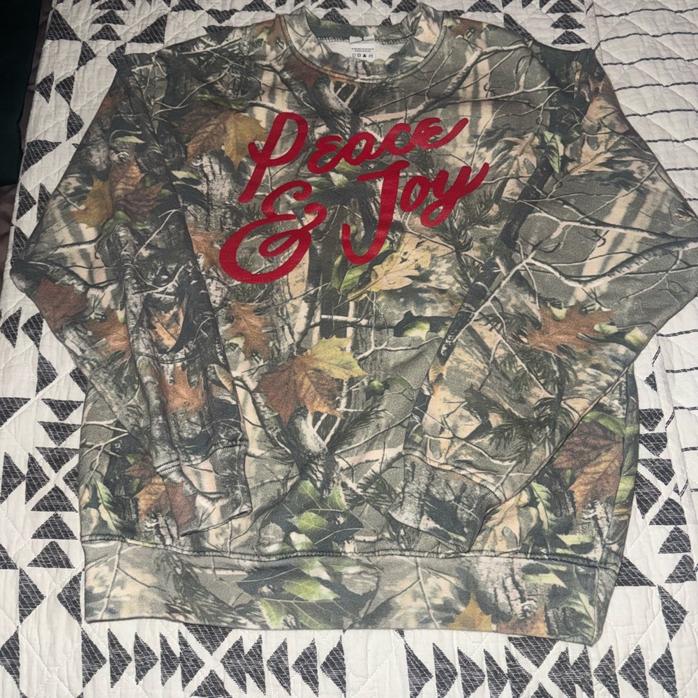 Peace & Joy Camouflage Crewneck Sweatshirt - Red Script
